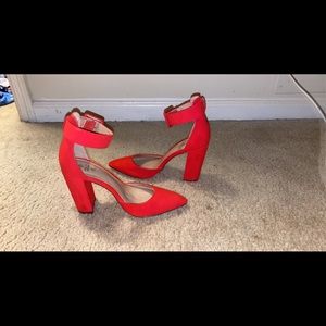 Red pointed toe block heels